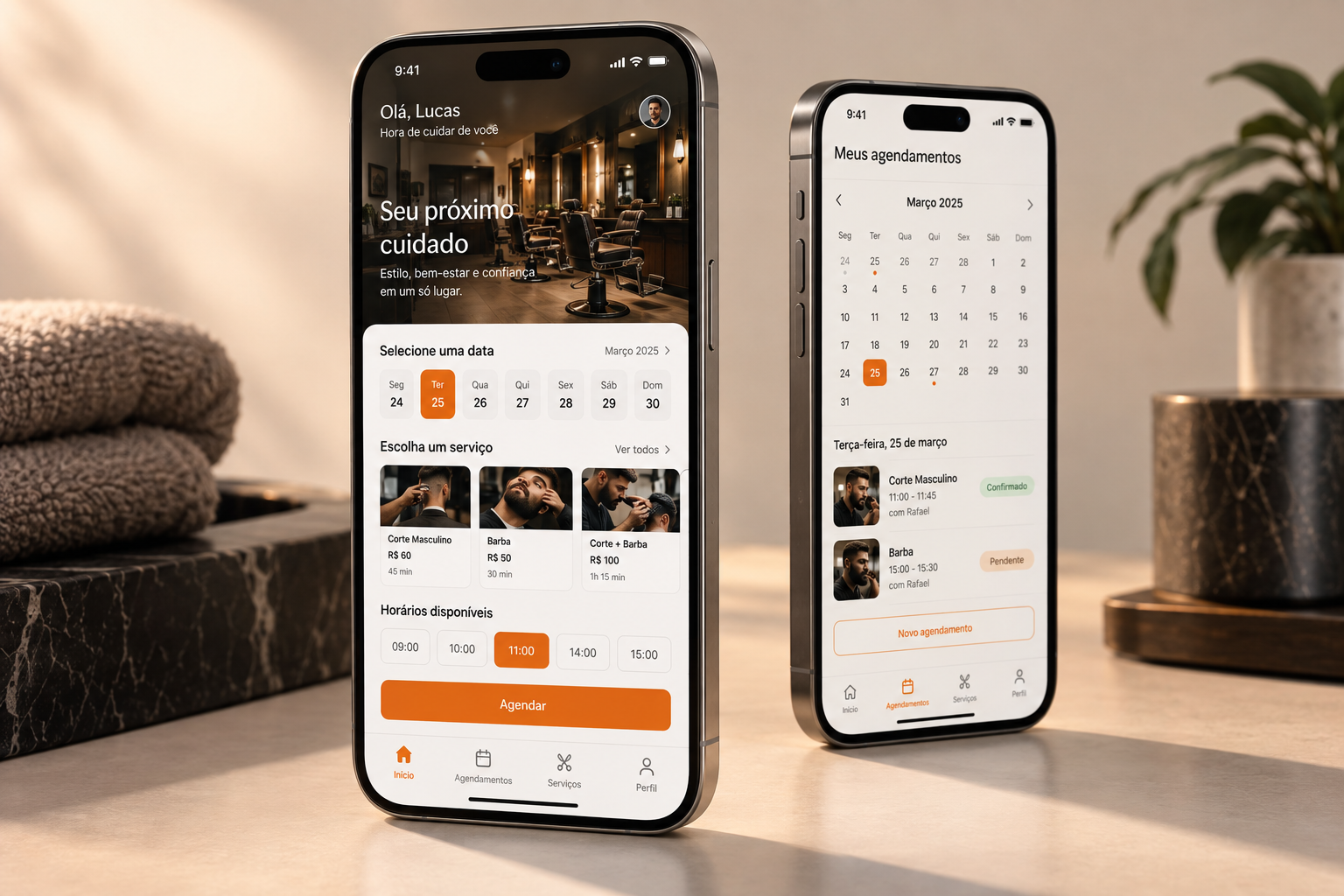 Conceito ilustrativo de aplicativo de agendamento em dois smartphones