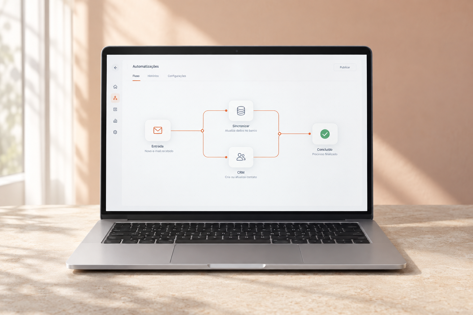 Visualização de processos conectados, dados e etapas de automação